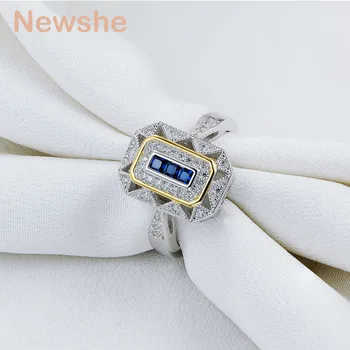 Newshe Snubný Prsteň Klasické Šperky Pevné 925 Sterling Silver White & Gold Zirconia Farba Modrá Koktail Krúžok Pre Ženy