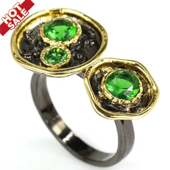 26x15mm Úžasný Starožitné Ročníka Vytvorili Zelený Smaragd Darček Pre Dievčatá Čierne Zlato Strieborné Prstene