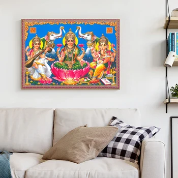 CHENFART Plátno Tlačiť Wall Art Akshmi Symbol Peniaze Prosperity Ganeš Saraswati Plagát, Obraz, Maľba Obývacia Izba Domova