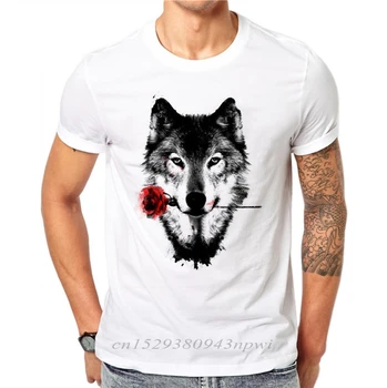 Bavlna, 3D Vlk Rose T Shirt Mužov Lete Zábavné Vlk Človeka T-shirt Bežné Biele Hip Hop Zvieratá Tričko Plus Veľkosť 3XL