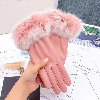 Ružové dámske rukavice PU kožené zimné vodičské rukavice králik teplé kožušiny vonkajšie dotykový displej rukavice prst rukavice