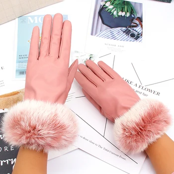 Ružové dámske rukavice PU kožené zimné vodičské rukavice králik teplé kožušiny vonkajšie dotykový displej rukavice prst rukavice