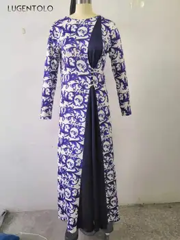 Šaty Moslimských Žien Tlač Jeseň Zima Nové Okrúhlym Výstrihom, Dlhý Rukáv Voľné Bežné Móda Plus Veľkosť Maxi Šaty Lugentolo