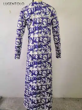 Šaty Moslimských Žien Tlač Jeseň Zima Nové Okrúhlym Výstrihom, Dlhý Rukáv Voľné Bežné Móda Plus Veľkosť Maxi Šaty Lugentolo