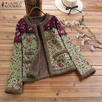 ZANZEA Plus Veľkosť Ženy Coats Vintage Kvetinový Vytlačené Dlhý Rukáv Outwear Zimné Otvoriť Predné Plyšové Načechraný Bundy Jeseň Chaqueta