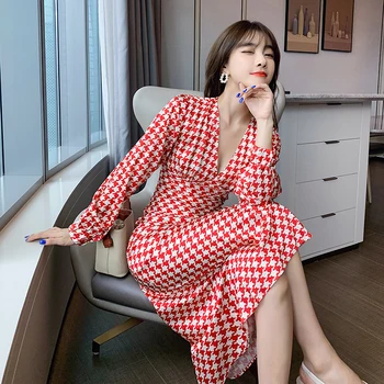 Na jar A v Lete Žien Vintage Šaty kórejské Oblečenie Elegantná Dáma tvaru Vysoký Pás Červená Houndstooth Sexy Šaty Femme Župan