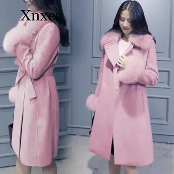 Ružová elegantný Zimný Kabát, Bundu Ženy Elegantný Sivý Cashmere Kabát Pás Plus Veľkosť Vlny Bunda kórejský Teplé Dlhá Srsť Kožušiny Golier