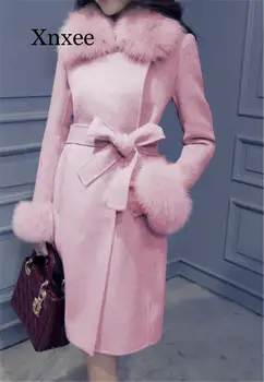 Ružová elegantný Zimný Kabát, Bundu Ženy Elegantný Sivý Cashmere Kabát Pás Plus Veľkosť Vlny Bunda kórejský Teplé Dlhá Srsť Kožušiny Golier