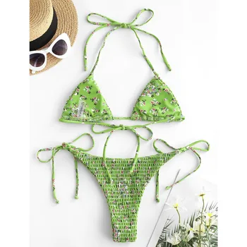 Ženy Push Up Zvierat&Kvetinový Tlač Smocked String Bikini Set Plavky, Plavky, Plavky, dámske Plávanie Oblek Bikini 2021