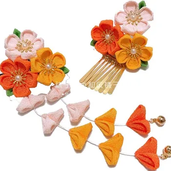 Oranžová Ružová Sakura Vlásenky Vlasy Klip Tsumami zaiku Kimono Geisha Hanfu Kvet Barrettes Strapec Yukata Vlasy Príslušenstvo Cosplay