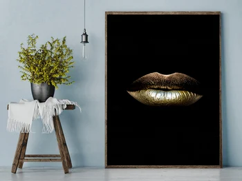 Čierna a Zlatá Sexy Pery olejomaľba na Plátne Krásy make-up Umenie Cuadros Plagáty a Tlačí na Steny Umenie Obrázok pre Obývacia Izba