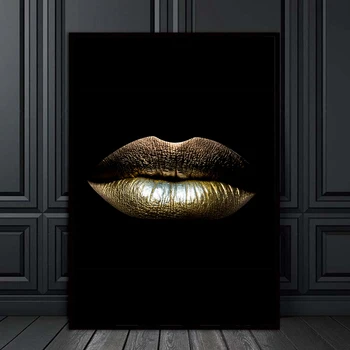 Čierna a Zlatá Sexy Pery olejomaľba na Plátne Krásy make-up Umenie Cuadros Plagáty a Tlačí na Steny Umenie Obrázok pre Obývacia Izba