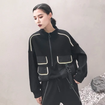 Black Plus Veľkosť Voľné Mikina Ženy Long Sleeve Stand Golier Green Reflexné Vrecku Módne Oblečenie Nové Jarné 2021