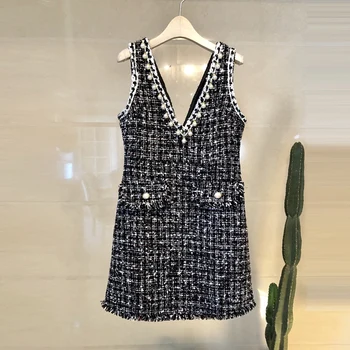 YiLin Kay 2019 Vysoká Kvalita Nové Šaty Značky Luxusné Dráhy Dizajnéri tvaru slim Tweed bez rukávov šaty žena.