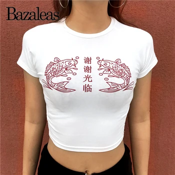 Bazaleas Módne harajuku Orezané T-shirt Streetwear Červená Vitajte Print Biele Ženy Tričko Bavlnené Tričko Krátky Rukáv Orezať Začiatok