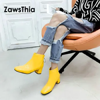 ZawsThia 2020 patent PU kožené zimné žlté, biele, ružové a červené žena členková obuv námestie med podpätky žien martin topánky veľkosť 33-51