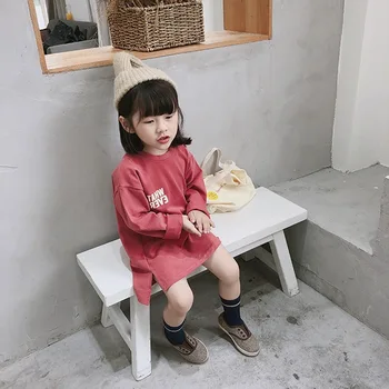 Jeseň kórejský štýl, baby, dievčatá dlhý rukáv bavlna písmená tlačené šaty 2-6 rokov jednoduchý voľné bežné tričko šaty oblečenie