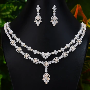 Luxusné Šperky Set Pre Ženy, Svadobné 2 Vrstvy Lariat Drop Náhrdelníky Náušnice Nastaviť Úplné Kubický Zirkón Dubaj Svadobné šperky Set 2020