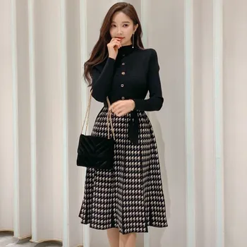 2020 Jeseň kórejský Elegantné Pletené Koberčeky Patchwork Ženy Šaty s Dlhým Rukávom O-krku Krajky-up Luk Skladaný Midi Šaty Vestido