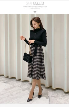 2020 Jeseň kórejský Elegantné Pletené Koberčeky Patchwork Ženy Šaty s Dlhým Rukávom O-krku Krajky-up Luk Skladaný Midi Šaty Vestido