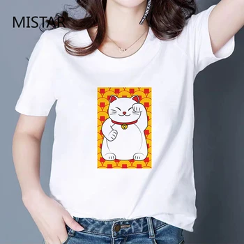 Šťastie Cat Vytlačené Harajuku Roztomilý Kreslený T Shirt Ženy Bežné Biele Topy Fashion Tričko Krátky Rukáv Grafické Tees Ženy