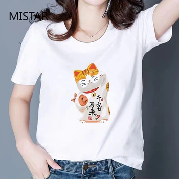 Šťastie Cat Vytlačené Harajuku Roztomilý Kreslený T Shirt Ženy Bežné Biele Topy Fashion Tričko Krátky Rukáv Grafické Tees Ženy