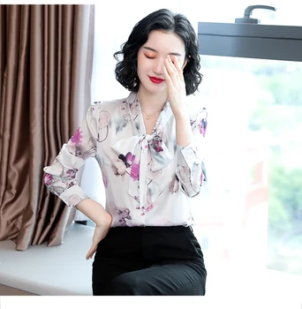 Kórejský Módne Hodváb Ženy Saténové Blúzky Dlhý Rukáv Kvet Tričko Ženy Office Lady Blusas Largas Plus Veľkosť Jeseň Dámske Topy