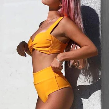 Sexy Predného Čela Uzol Retro Žltá Rebrovaný Bandeau Vysoký Pás Bikini 2021 Plavky Ženy, Plavky, Plážové Oblečenie Plávať Plavky