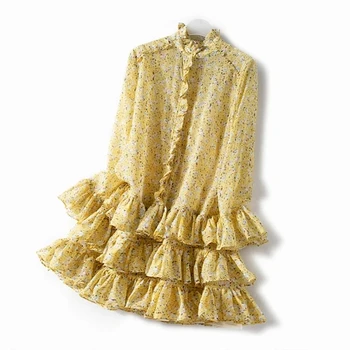 Ženy Žltá Kvetinový Vrstvený Rozstrapatené Mini Šaty Prairie Elegantné Dlhé Závoje Rukáv Vytlačené Žena Krátke Šaty