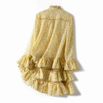 Ženy Žltá Kvetinový Vrstvený Rozstrapatené Mini Šaty Prairie Elegantné Dlhé Závoje Rukáv Vytlačené Žena Krátke Šaty