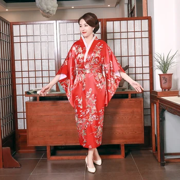 Ženské Tlač Kvet Yukata S Obi Cosplay Kostým Dlhé Saténové Fáze Výkonu Oblečenie Japonskom Štýle Kimono Šaty Župan