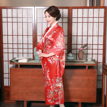 Ženské Tlač Kvet Yukata S Obi Cosplay Kostým Dlhé Saténové Fáze Výkonu Oblečenie Japonskom Štýle Kimono Šaty Župan