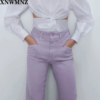 XNWMNZ ZA módne fialové džínsy dámske širokú nohu, džínsové nohavice roztrhané strapec dna vysoký pás streetwear