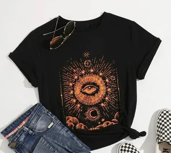 VIP HJN Black Eye Sun Moon Graphic Tee Lete Fashion Street Style v Pohode Grunge Vintage Unisex Ženy Tričko T-Shirt