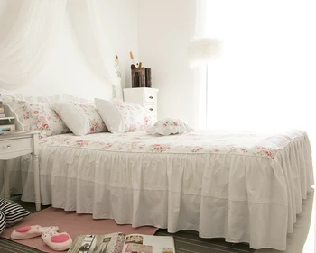Bavlna, Biele, Ružové a Kvetinové Dievčatá Princezná posteľná bielizeň Nastaviť Twin Kráľovná King size Perinu Bedsheet nastaviť Bedskirt obliečky na Vankúš