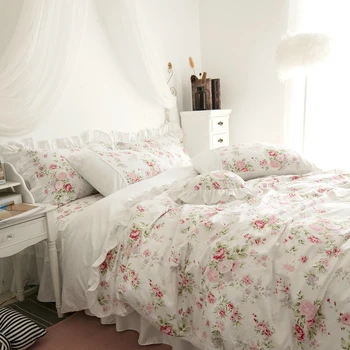 Bavlna, Biele, Ružové a Kvetinové Dievčatá Princezná posteľná bielizeň Nastaviť Twin Kráľovná King size Perinu Bedsheet nastaviť Bedskirt obliečky na Vankúš