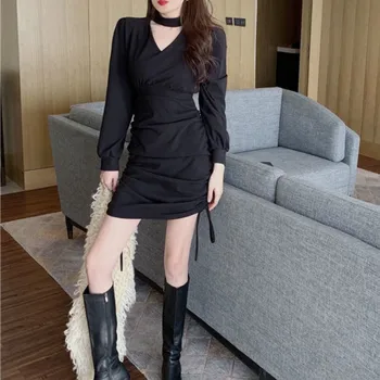 Vintage Štýlové V Krku Black Skladaný Mini Šaty Žien Jar 2021 Kórejský Dlhý Rukáv Sexy Party Slim Šnúrkou Vestidos Župan