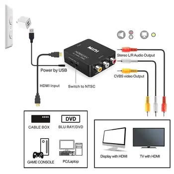 HDMI RCA Converter Adaptér Mini HDMI 1080P na 3RCA AV CVBs Kompozitné Video Audio Converter Upscaler Podpora PAL/NTSC