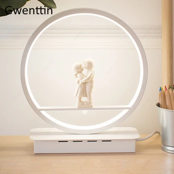 Moderné LED Krúžok stolná Lampa Objímanie Milenca s Husle Horn Angel Nordic Domova Stojí Stôl Svietidlá Spálne Posteľ Svetlo