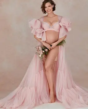 Ružový Materskej Šaty Luxusné Volánikmi Tehotné Ženy Šaty pre Boudoir Fotenia Bielizeň, Župan Odev Baby Sprcha