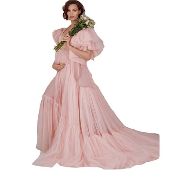 Ružový Materskej Šaty Luxusné Volánikmi Tehotné Ženy Šaty pre Boudoir Fotenia Bielizeň, Župan Odev Baby Sprcha