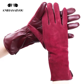 Móda zime teplý dotyk rukavice originálne kožené 50% originálne semiš 50% žien kožené rukavice farba dlhé dámske rukavice -2008
