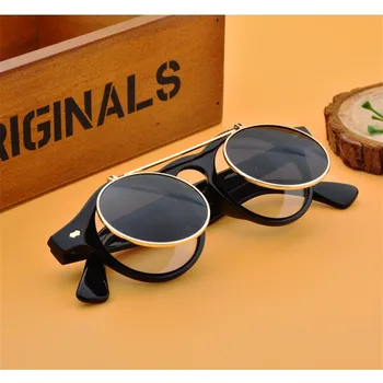 Móda steampunk nevidiacich pánske slnečné okuliare dvojité objektív kolo dámske slnečné okuliare UV400 klasické retro okuliare značky