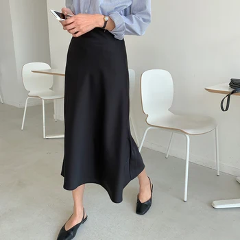 Elegantné Vysoký Pás Saténové Sukne Ženy Bežné A-Line Midi Hodváb Slim Leto, Jeseň