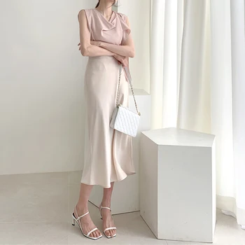 Elegantné Vysoký Pás Saténové Sukne Ženy Bežné A-Line Midi Hodváb Slim Leto, Jeseň