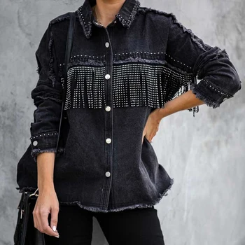 TEELYNN dlhý rukáv overshirt čierna bunda ženy 2020 vintage bavlna, denim, fringe strapec bežné jeseň kabát voľné jean bundy