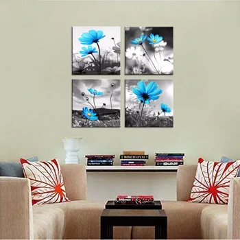 4 Kusy Plátno Tlačiť Nástenné Maľby Pre Rodiny, Dekorácie, Kvety Modré Kvety V Čiernej A Bielej Stene Umenie Moderné Obrazy