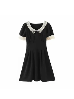 2020 Nový Vintage Malé Čierne Šaty Slim Čipky Peter Pan Golier Zbierať Pás Mini Šaty