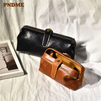 PNDME jednoduché vintage dizajnér pravej kože ženy spojka kozmetická taška bežné prírodné skutočné cowhide malé mince kabelku skladovanie taška