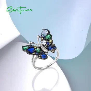 SANTUZZA Strieborný Prsteň Pre Ženy Čistý 925 Sterling Silver Očarujúce Blue Butterfly Šumivé Spinelovou Trendy Strany Jemné Šperky